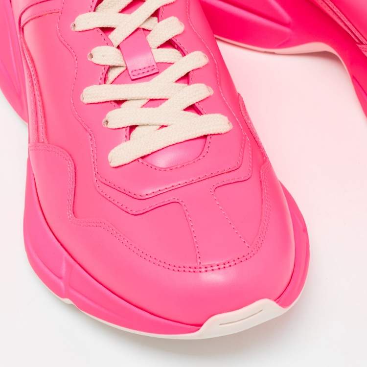 Pre Owned Gucci Neon Pink Leather Rhyton Sneakers Size 39