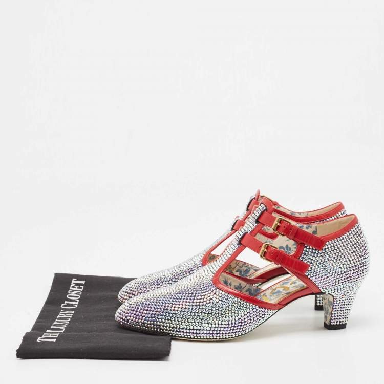 Pre Owned Gucci Metallic/Red Crystal Embellished Fabric and Leather T-Bar Pumps Size 40.5