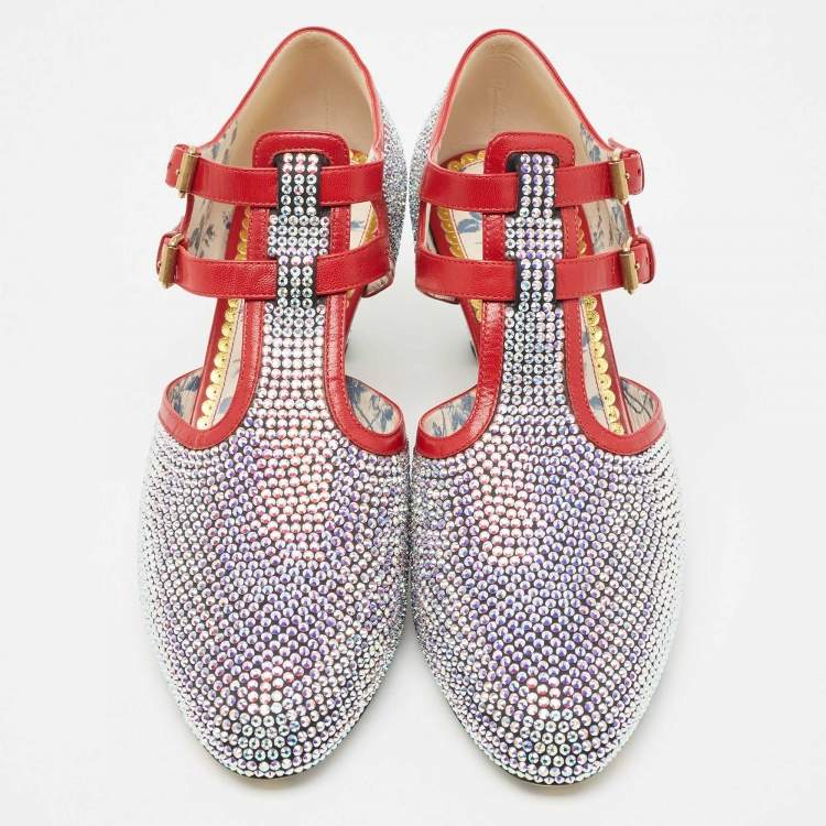 Pre Owned Gucci Metallic/Red Crystal Embellished Fabric and Leather T-Bar Pumps Size 40.5