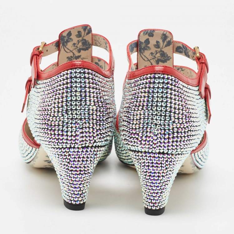 Pre Owned Gucci Metallic/Red Crystal Embellished Fabric and Leather T-Bar Pumps Size 40.5