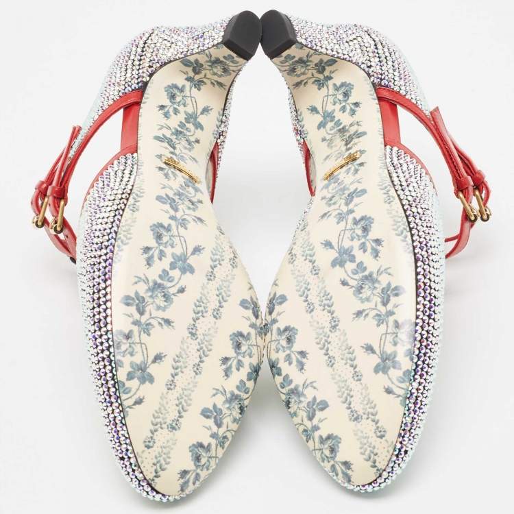 Pre Owned Gucci Metallic/Red Crystal Embellished Fabric and Leather T-Bar Pumps Size 40.5