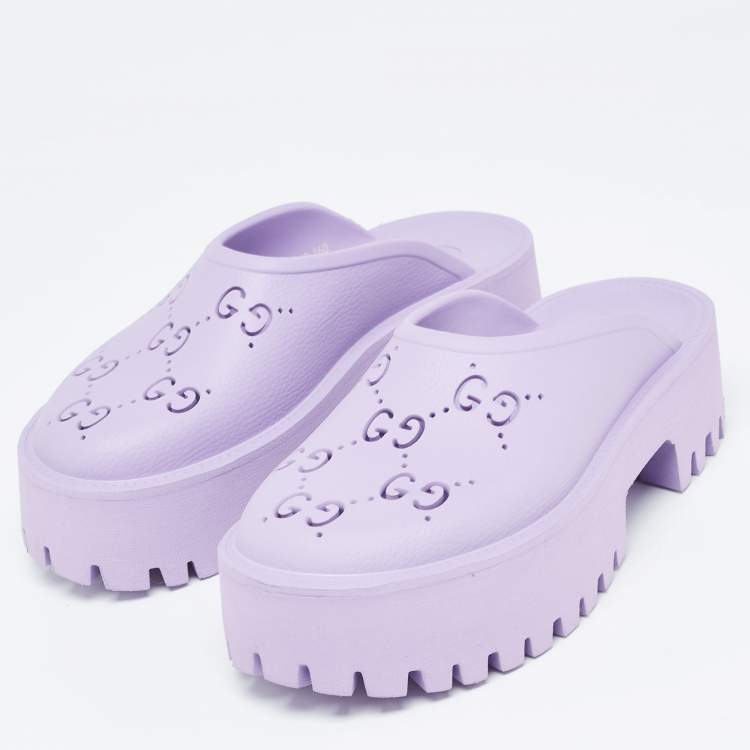 Pre Owned Gucci Purple Rubber GG Perforated Clogs Size 39