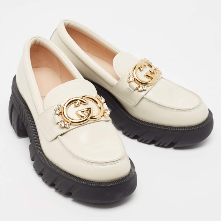 Pre Owned Gucci Cream Leather Interlocking GG Platform Loafers Size 39