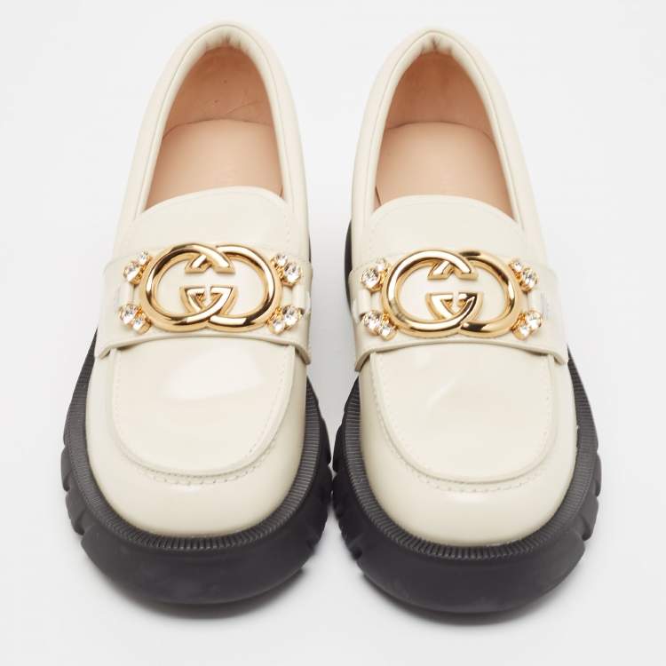 Pre Owned Gucci Cream Leather Interlocking GG Platform Loafers Size 39