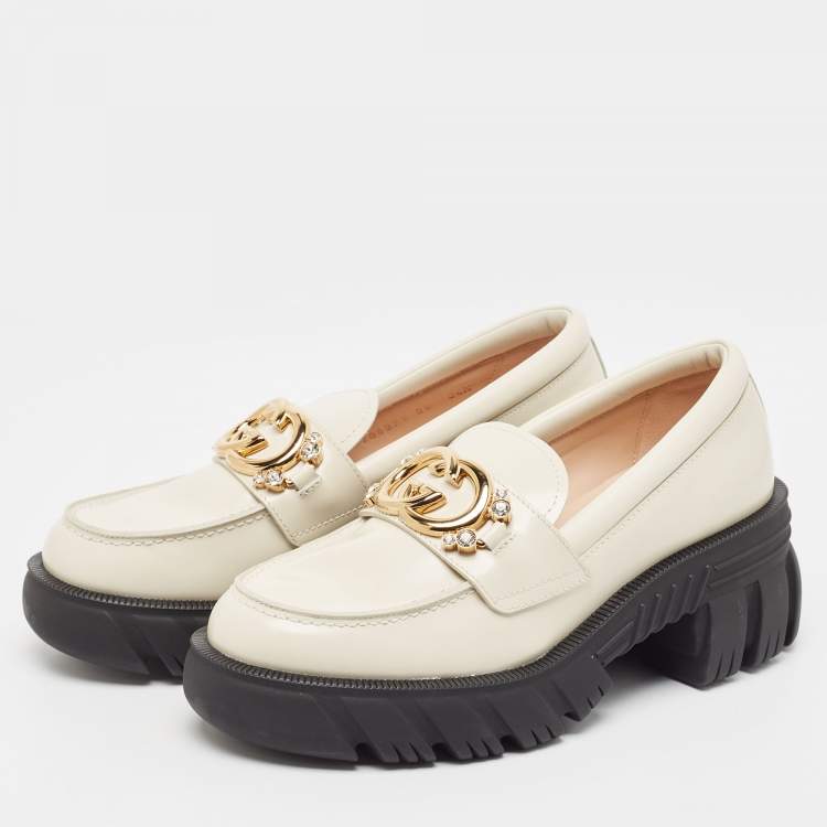 Pre Owned Gucci Cream Leather Interlocking GG Platform Loafers Size 39