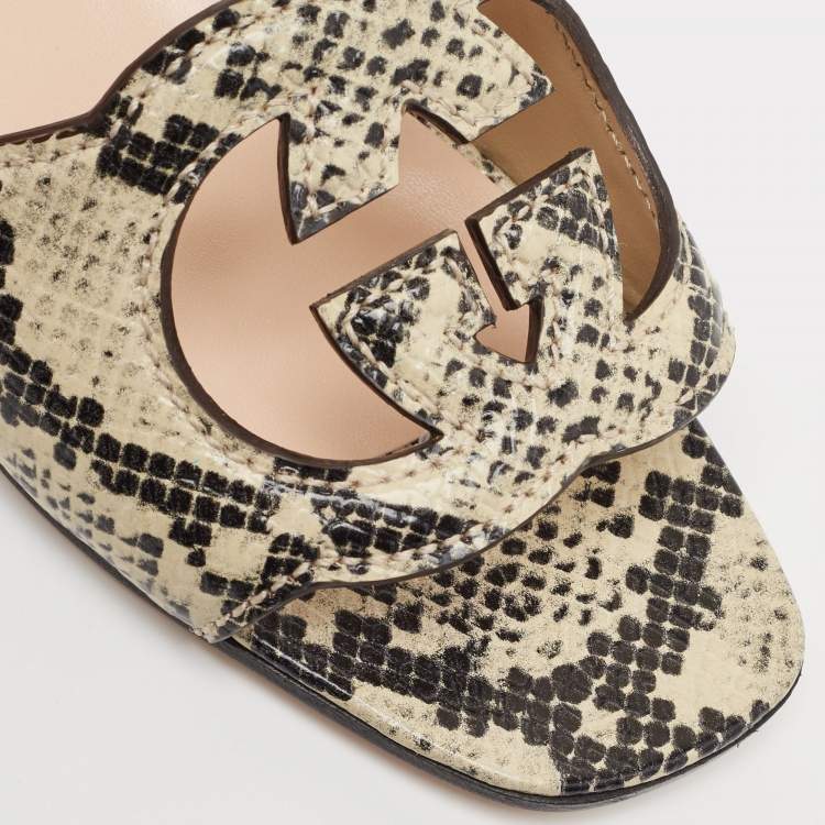 مم�لوكة مسبقًا Gucci Beige/Black Python Embossed Leather Interlocking G Logo Flat Slides Size 38