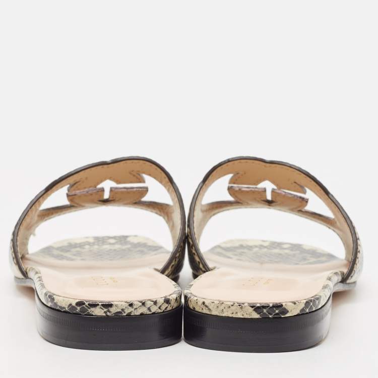 مملوكة مسبقًا Gucci Beige/Black Python Embossed Leather Interlocking G Logo Flat Slides Size 38