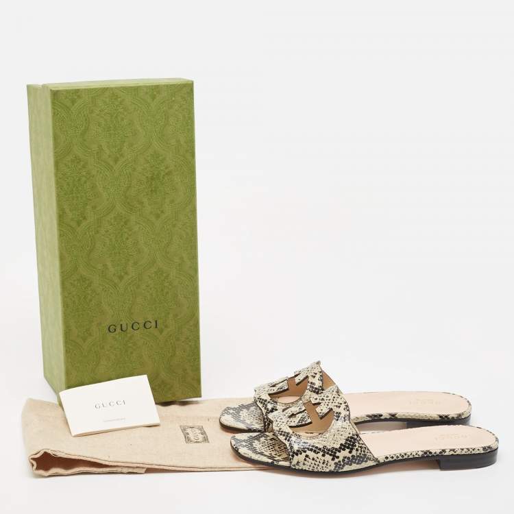 مملوكة مسبقًا Gucci Beige/Black Python Embossed Leather Interlocking G Logo Flat Slides Size 38
