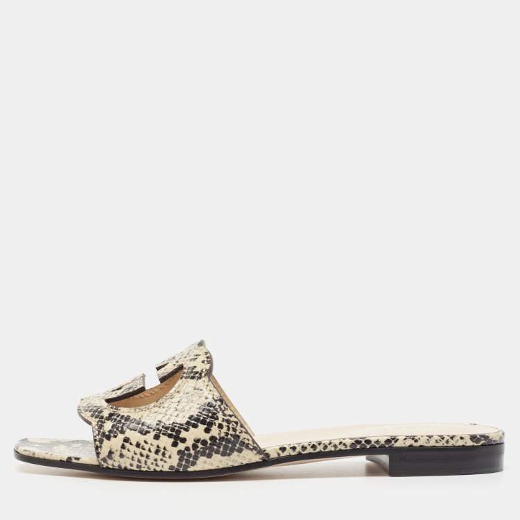 مملوكة مسبقًا Gucci Beige/Black Python Embossed Leather Interlocking G Logo Flat Slides Size 38