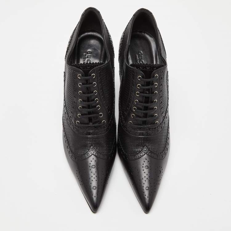 Pre Owned Gucci Black Leather Pointed Toe Lace Up Ankle Booties Size 39