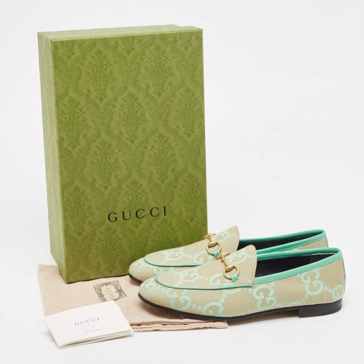Pre Owned Gucci Green/Beige Jumbo GG Canvas Jordaan Loafers Size 38