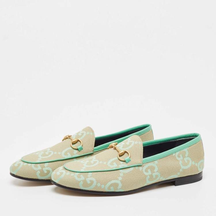 Pre Owned Gucci Green/Beige Jumbo GG Canvas Jordaan Loafers Size 38