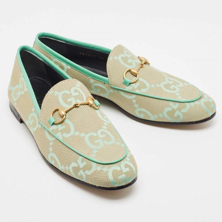 Pre Owned Gucci Green/Beige Jumbo GG Canvas Jordaan Loafers Size 38