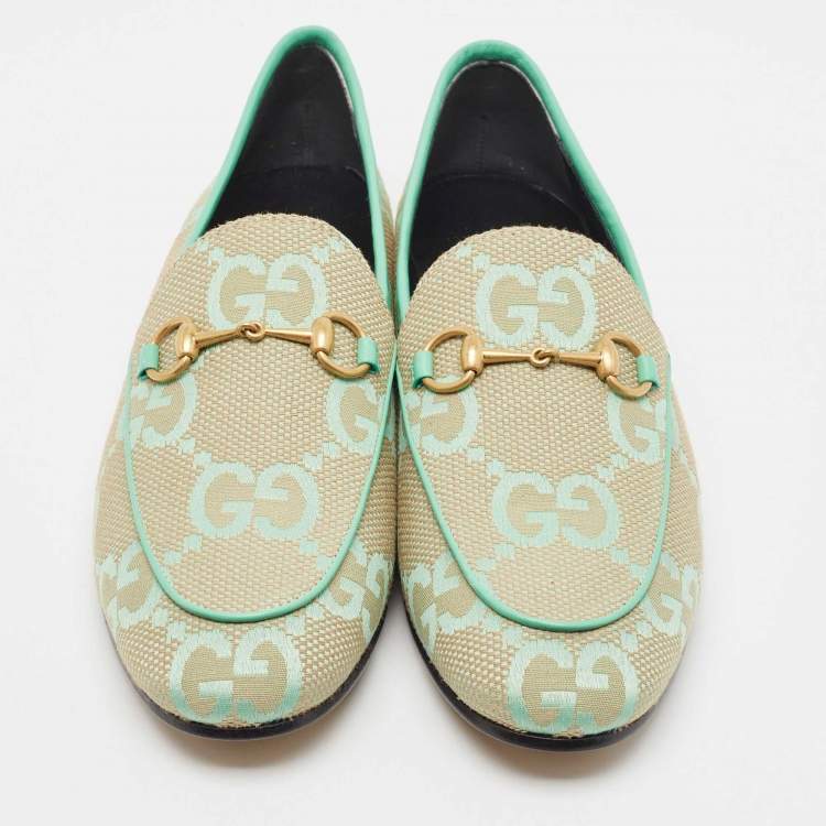 Pre Owned Gucci Green/Beige Jumbo GG Canvas Jordaan Loafers Size 38