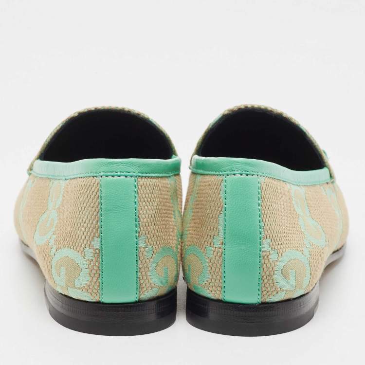 Pre Owned Gucci Green/Beige Jumbo GG Canvas Jordaan Loafers Size 38