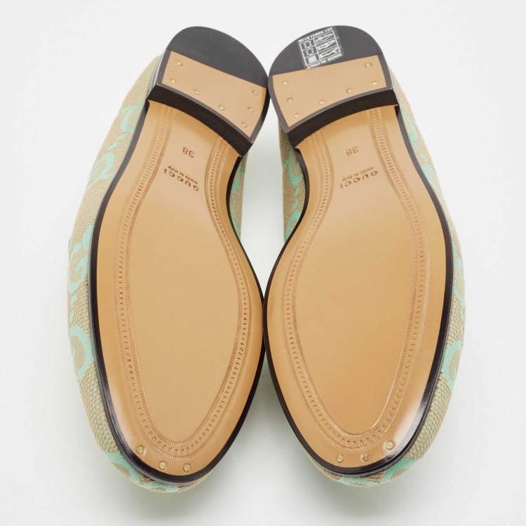 Pre Owned Gucci Green/Beige Jumbo GG Canvas Jordaan Loafers Size 38