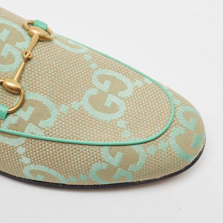 Pre Owned Gucci Green/Beige Jumbo GG Canvas Jordaan Loafers Size 38