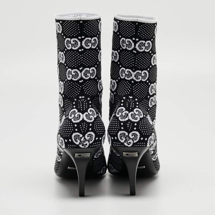 Pre Owned Gucci Black/White GG Knit Fabric Sock Ankle Boots Size 39