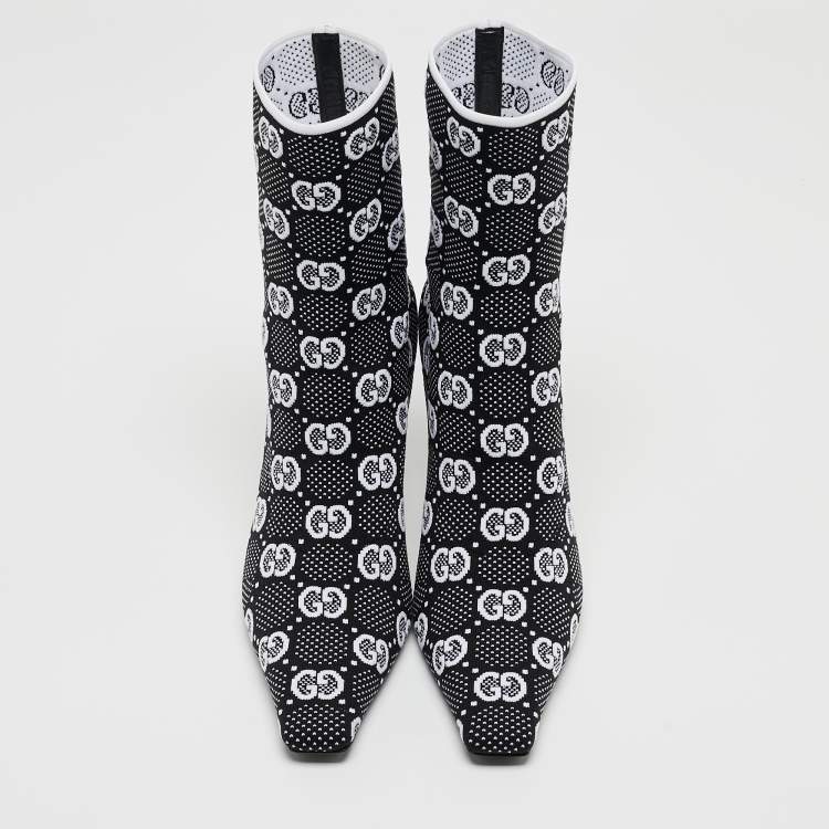 Pre Owned Gucci Black/White GG Knit Fabric Sock Ankle Boots Size 39