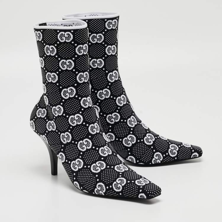 Pre Owned Gucci Black/White GG Knit Fabric Sock Ankle Boots Size 39