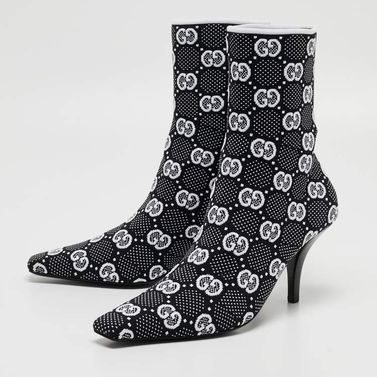 Pre Owned Gucci Black/White GG Knit Fabric Sock Ankle Boots Size 39