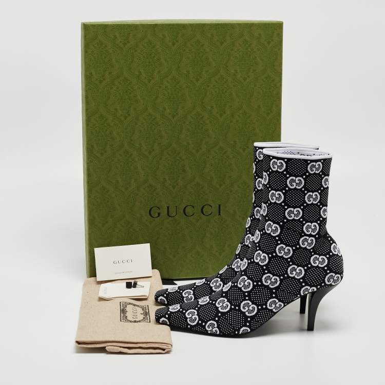 Pre Owned Gucci Black/White GG Knit Fabric Sock Ankle Boots Size 39