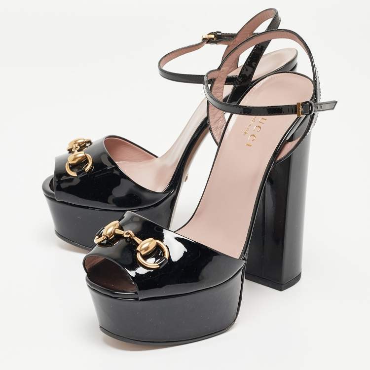 Pre Owned Gucci Black Patent Claudie Ankle Strap Sandals Size 36.5
