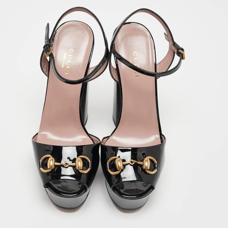 Pre Owned Gucci Black Patent Claudie Ankle Strap Sandals Size 36.5