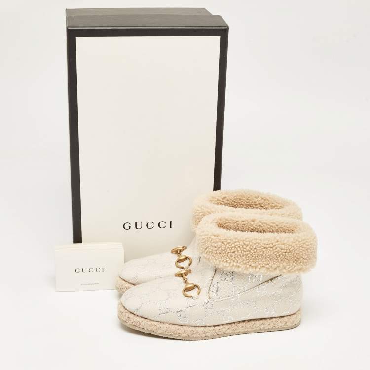 Pre Owned Gucci Cream/Silver Canvas and Shearling Fria Horsebit Ankle Boots Size 35.5