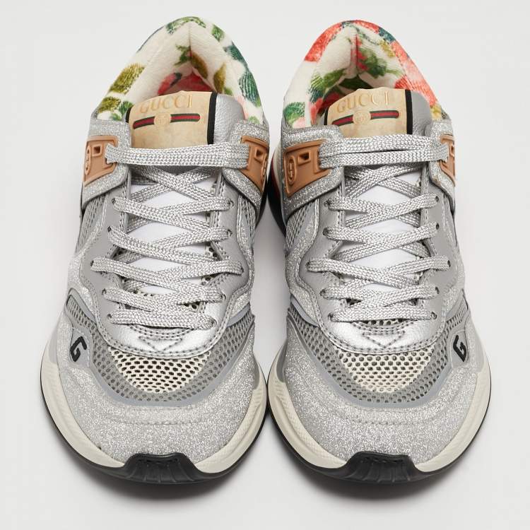 Pre Owned Gucci Silver/Grey Glitter and Mesh Ultrapace Sneakers Size 36.5