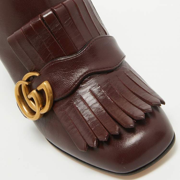 Pre Owned Gucci Burgundy Leather GG Marmont Fringe Ankle Boots Size 35.5
