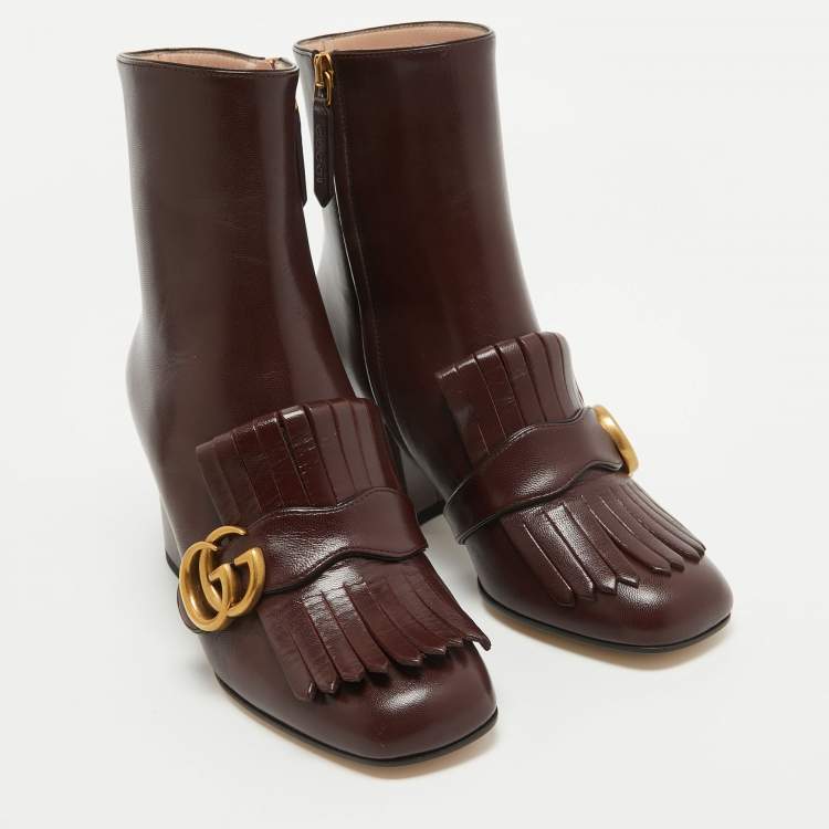 Pre Owned Gucci Burgundy Leather GG Marmont Fringe Ankle Boots Size 35.5