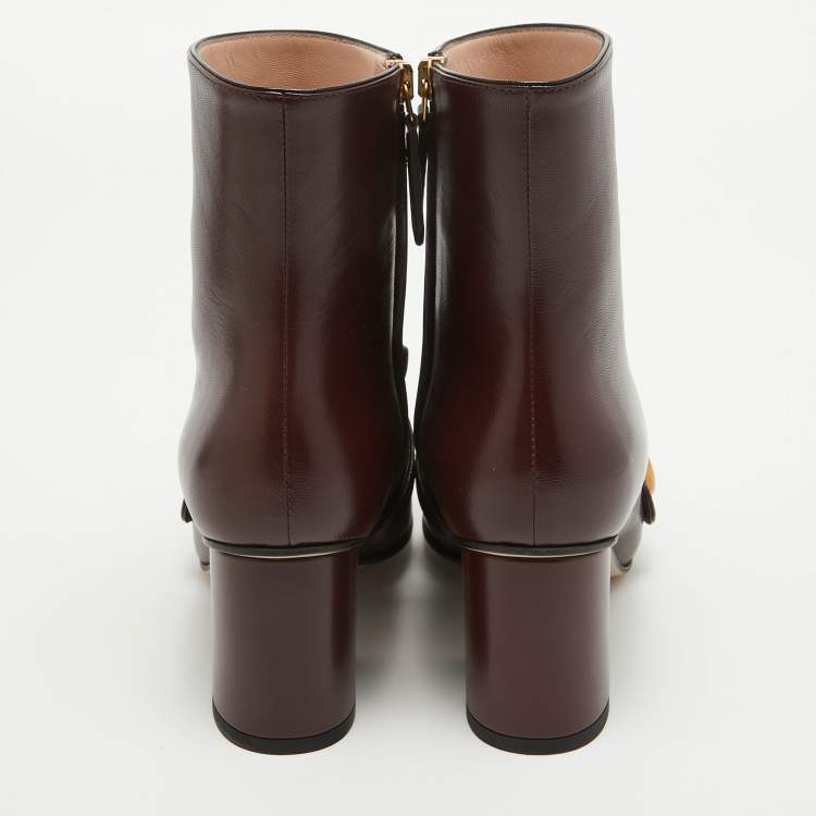 Pre Owned Gucci Burgundy Leather GG Marmont Fringe Ankle Boots Size 35.5