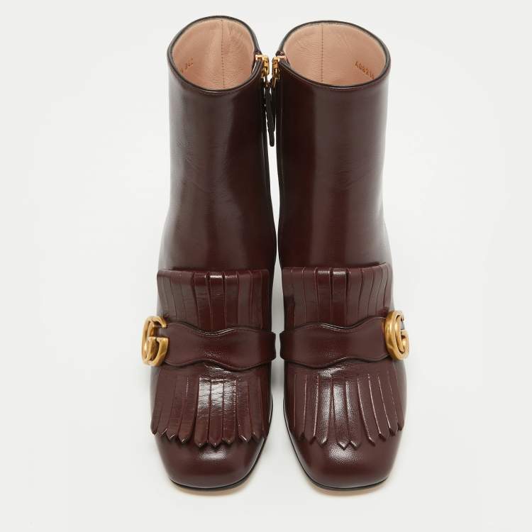 Pre Owned Gucci Burgundy Leather GG Marmont Fringe Ankle Boots Size 35.5