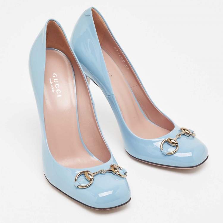 Pre Owned Gucci Blue Patent Leather Jolene Horsebit Square Toe Pumps Size 37