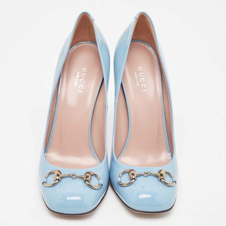 Pre Owned Gucci Blue Patent Leather Jolene Horsebit Square Toe Pumps Size 37
