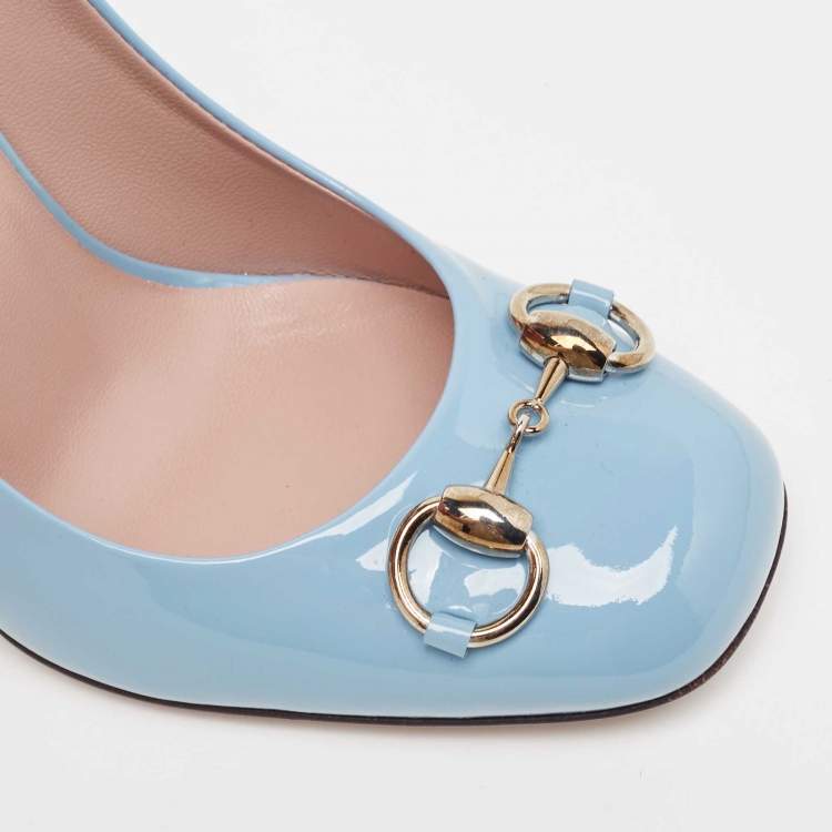 Pre Owned Gucci Blue Patent Leather Jolene Horsebit Square Toe Pumps Size 37