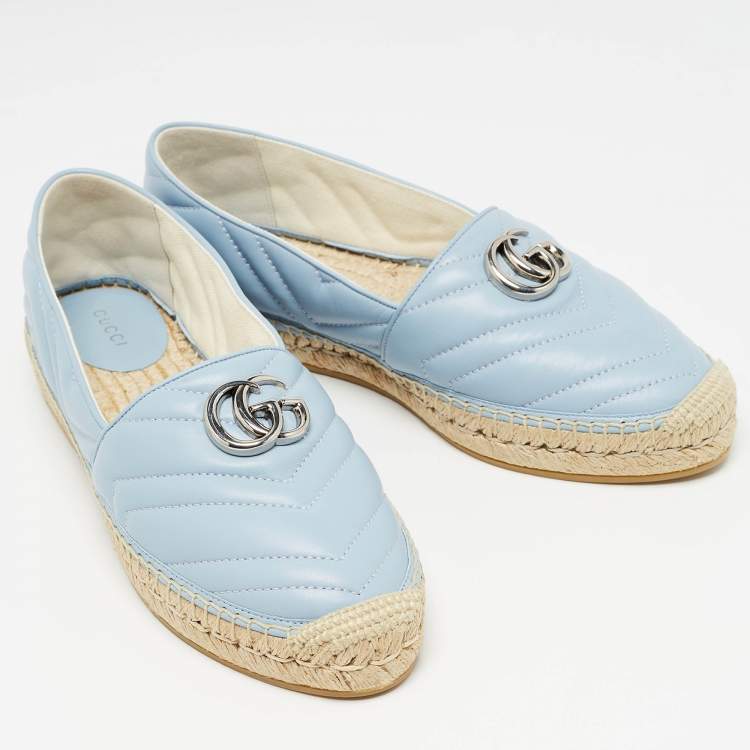 Pre Owned Gucci Blue Matelassé Leather GG Marmont Espadrille Flats Size 40.5