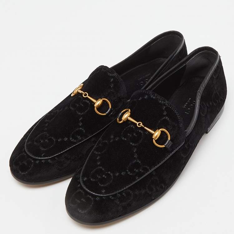 Pre Owned Gucci Black GG Tweed Jordaan Loafers Size 38