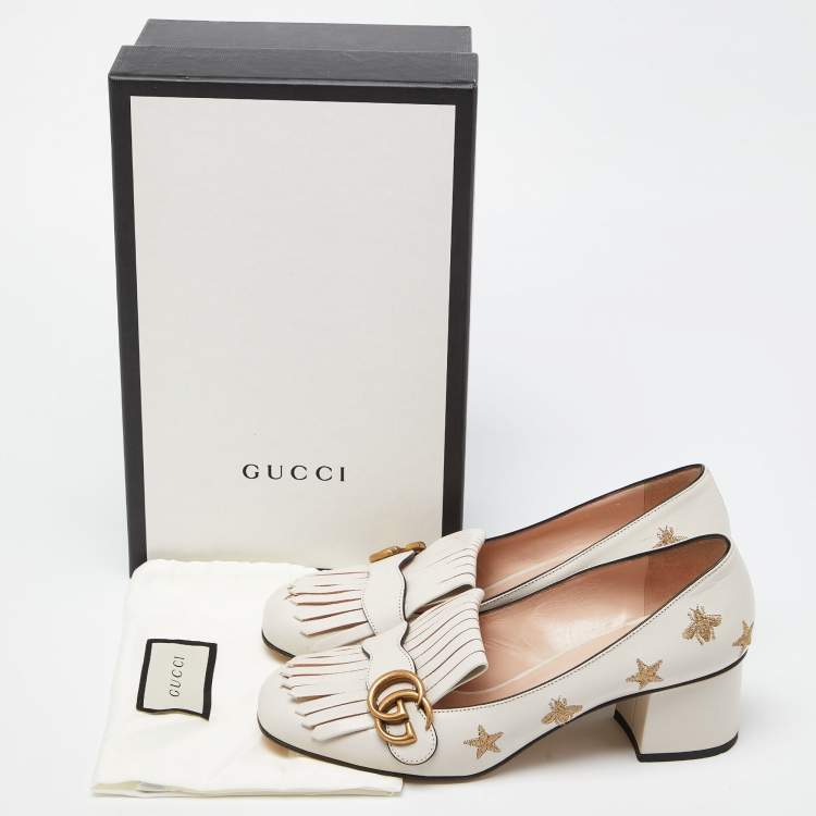 Pre Owned Gucci Beige Leather GG Marmont Fringe Detail Block Heel Pumps Size 40