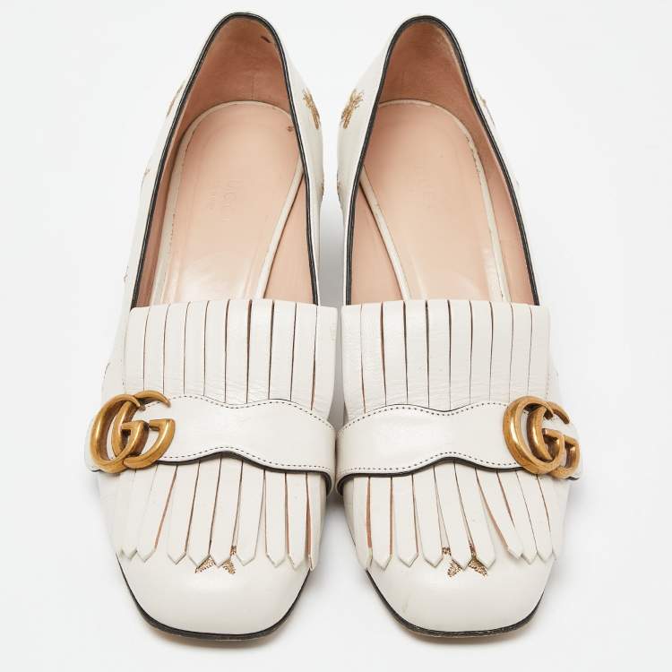 Pre Owned Gucci Beige Leather GG Marmont Fringe Detail Block Heel Pumps Size 40