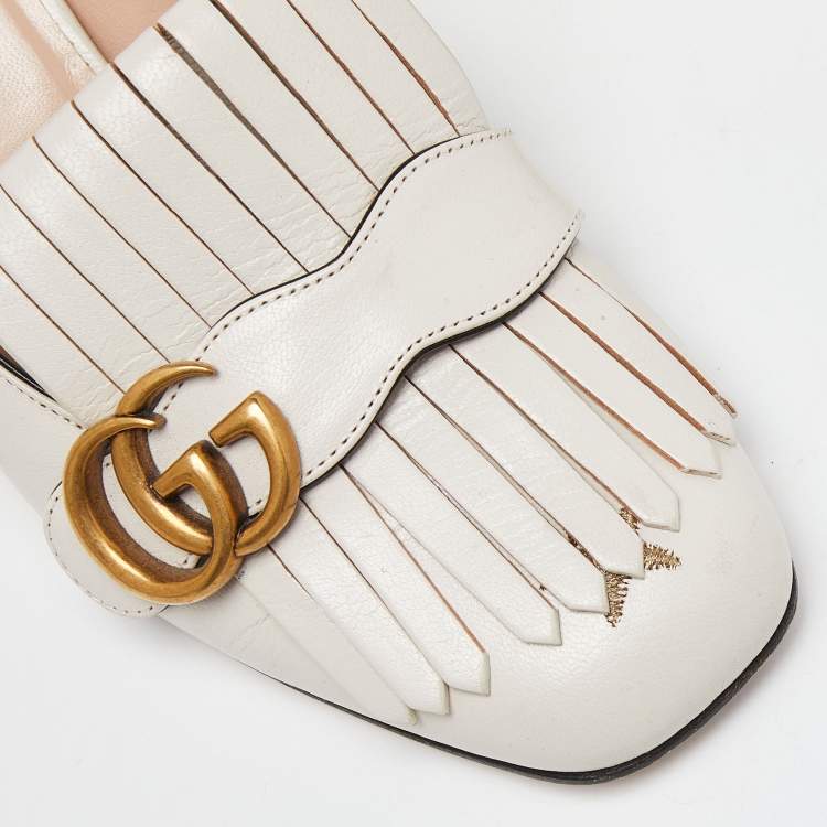 Pre Owned Gucci Beige Leather GG Marmont Fringe Detail Block Heel Pumps Size 40