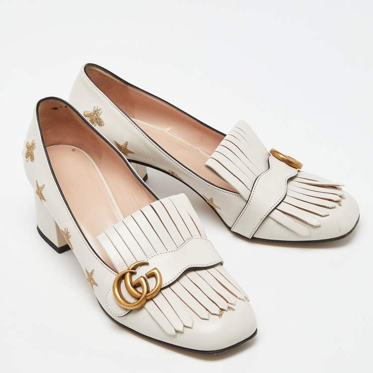 Pre Owned Gucci Beige Leather GG Marmont Fringe Detail Block Heel Pumps Size 40