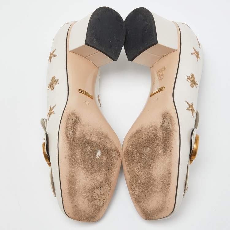 Pre Owned Gucci Beige Leather GG Marmont Fringe Detail Block Heel Pumps Size 40