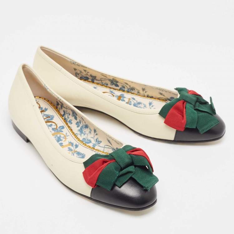 Pre Owned Gucci Off White Leather Web Bow Cap Toe Ballet Flats Size 37.5