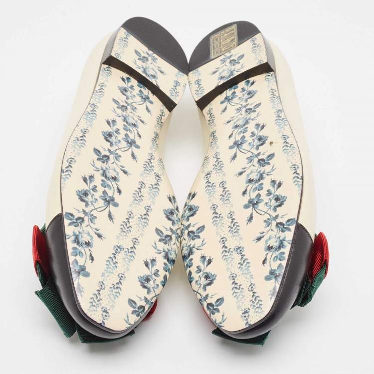 Pre Owned Gucci Off White Leather Web Bow Cap Toe Ballet Flats Size 37.5