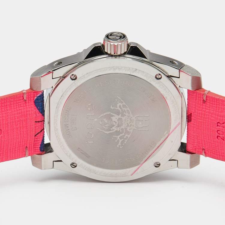 Pre Owned Gucci Black Stainless Steel Floral Print Calfskin Leather Dive YA136326 Women's Wristwatch 40 mm