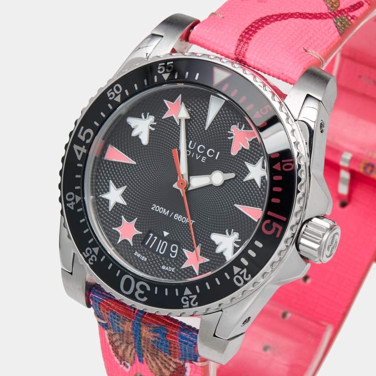 Pre Owned Gucci Black Stainless Steel Floral Print Calfskin Leather Dive YA136326 Women's Wristwatch 40 mm