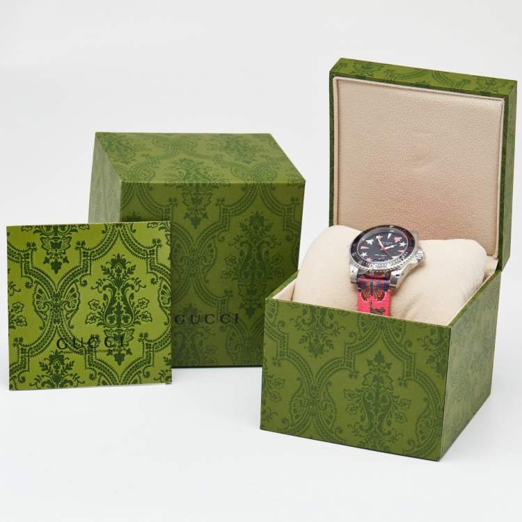 Pre Owned Gucci Black Stainless Steel Floral Print Calfskin Leather Dive YA136326 Women's Wristwatch 40 mm