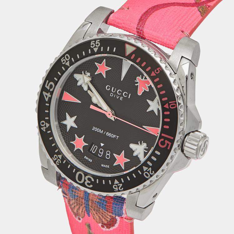 Pre Owned Gucci Black Stainless Steel Floral Print Calfskin Leather Dive YA136326 Women's Wristwatch 40 mm